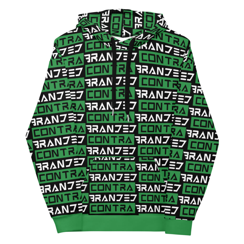 Sea Green All Over Print Classic Type Bars Hoodie With Classic Contrabranded Lettering pattern