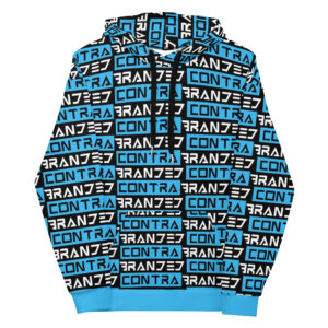 Sky Blue All Over Print Classic Type Bars Hoodie With Classic Contrabranded Lettering pattern