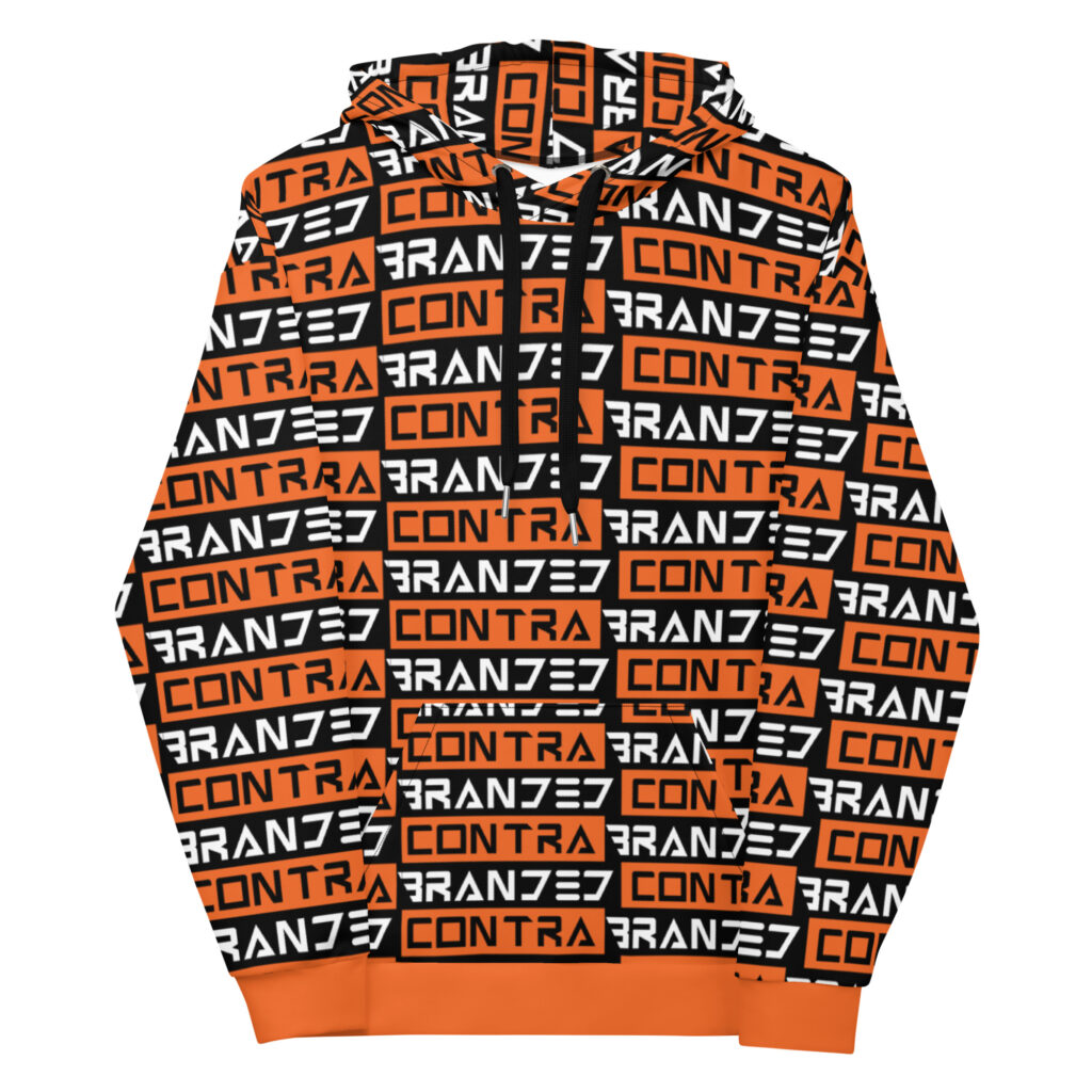 Orange All Over Print Classic Type Bars Hoodie With Classic Contrabranded Lettering pattern