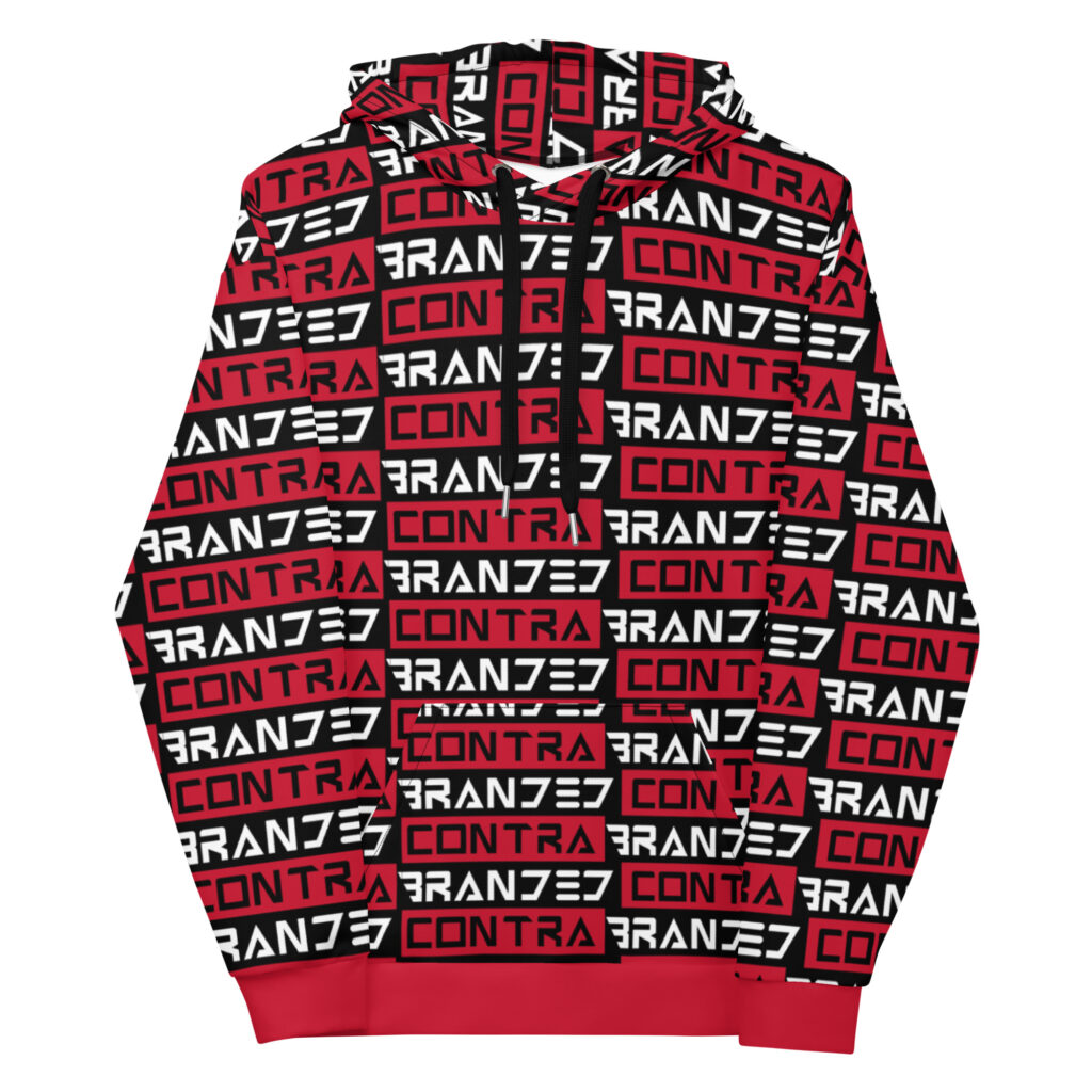 Red All Over Print Classic Type Bars Hoodie With Classic Contrabranded Lettering pattern